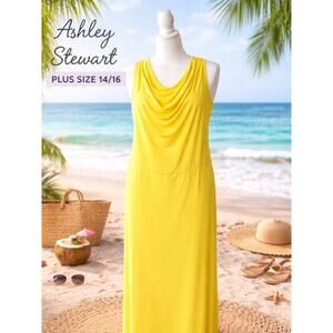 Ashley Stewart Yellow Maxi Dress Sleeveless Draped Neck Plus Size 14/16